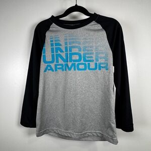Under‎ Armour Boys 6 Gray Black Raglan Long Sleeve Graphic Shirt Athleisure